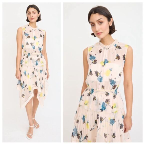 Self Portrait Midi Pink Dress Floral Sheer Tier Chiffon Size 4